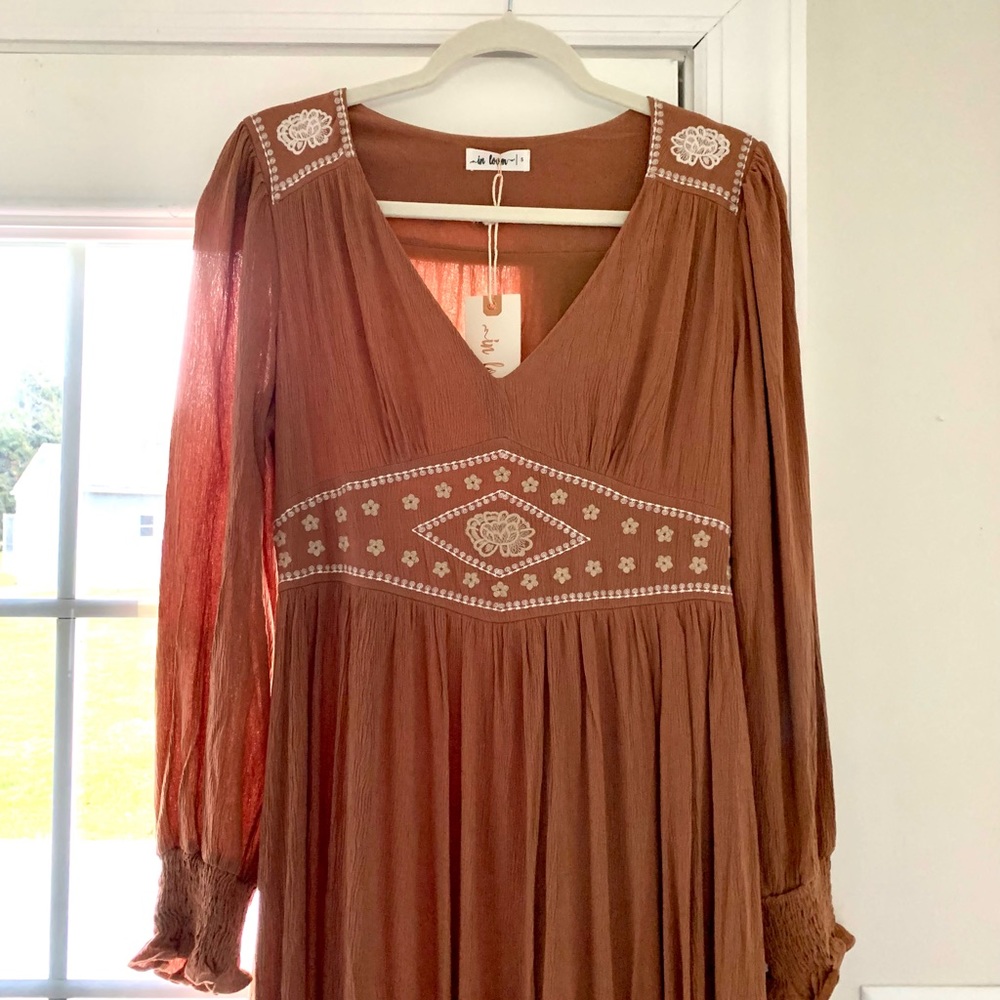 NWT Rust maxi dress with embroidery details- Size Small
